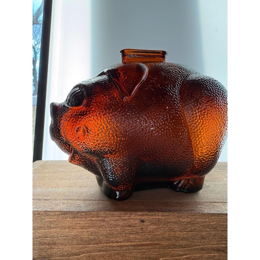 Vintage Amber Glass Piggy Bank Textured Retro 70s Pig Coin Bank Functional - Picture 3 of 6